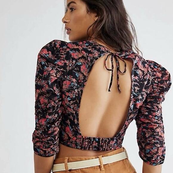 Free People WOMENS Monica Floral Corset Top Cropped Backless NWOT Black Red XS - Picture 4 of 13